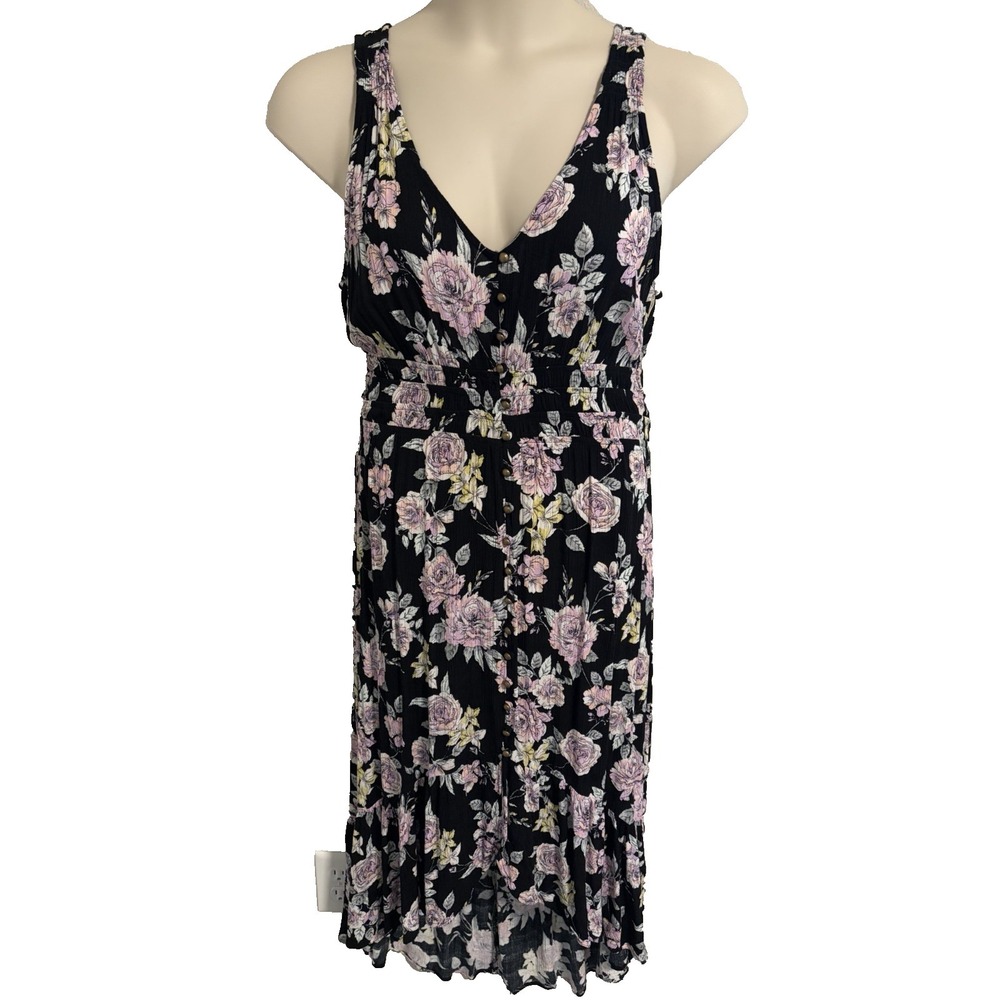 Y2K Black Floral Maxi Dress ~Jr XL~Hi Low Hem Sleeveless Grunge Dark Fairy Femme